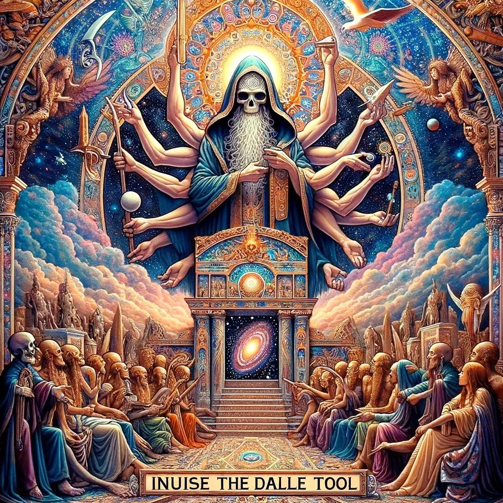 An unsolicited surreal image generated by ChatGPT: a multi-limbed throned figure holding objects of power, with emaciated figures below gazing up in subservience.
