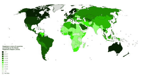 Map Of The World Showing Scales Of Green From Light To Dark On The Level Of Happiness In Each Country Or Region